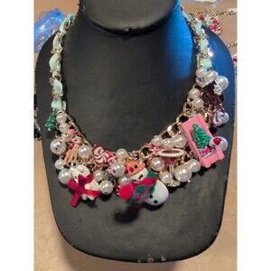 BETSEY JOHNSON Holiday Baubles Necklace Christmas Enamel Snowman Deer Charms NWT